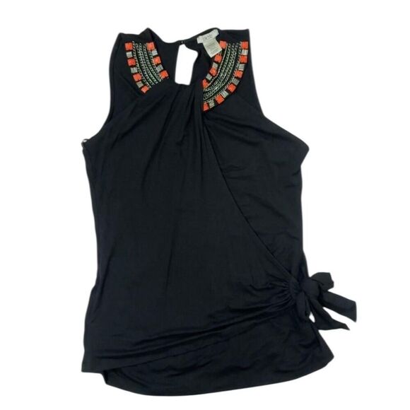 Cache Tops - Cache Vintage Black and orange beaded tank top with tie waist